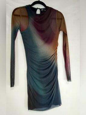 Zara Sheer Long-Sleeve Ombre Bodycon Dress - Teal Multi